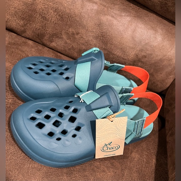 Chaco Teal Blue Chillos Slip-On Clog Sandals with Orange Heel Strap NWT - Picture 2 of 6